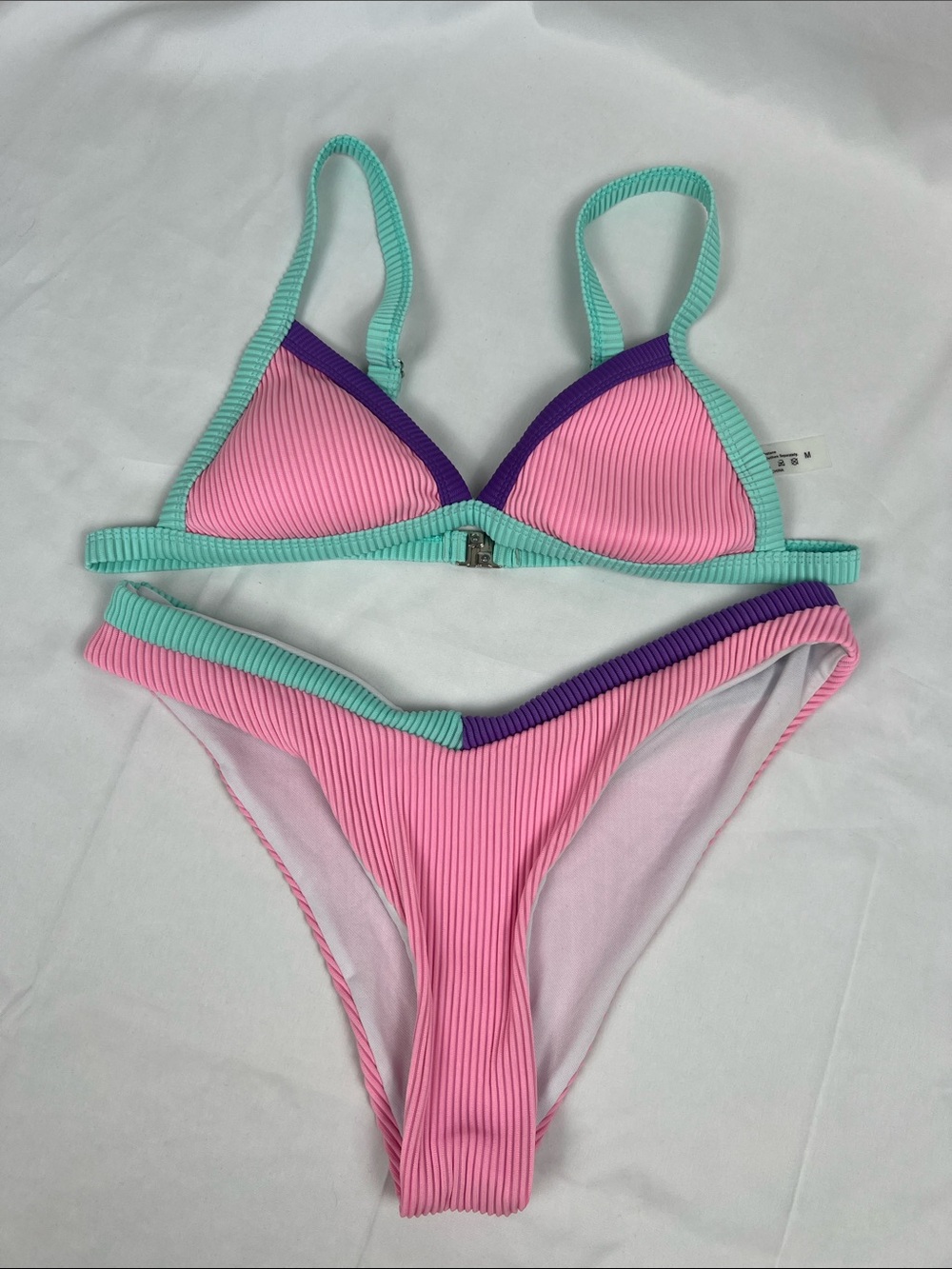 SHEIN Pink Mint Purple Ribbed Triangle Bikini Size‎ Medium
